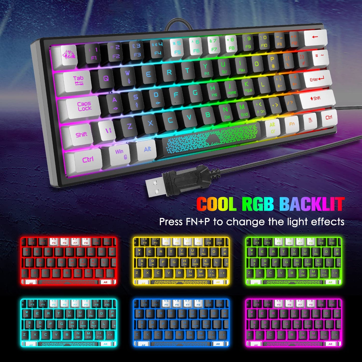 Mini 60% gaming keyboard, membrane game keyboard with semi-mechanical keys, optical RGB chroma backlit compact 62 keys double color keycap, QWERTY layout for PC laptop Mac computer - Black & White.