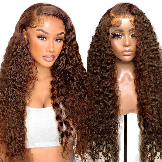 24 Inch Real Hair Wig 13x4 Transparent Lace Front Wig made of Human Hair for Black Women, Deep Wave Human Hair Wig in Brown Color, Curly Real Hair Wigs for Women with 150% Density 60cm.