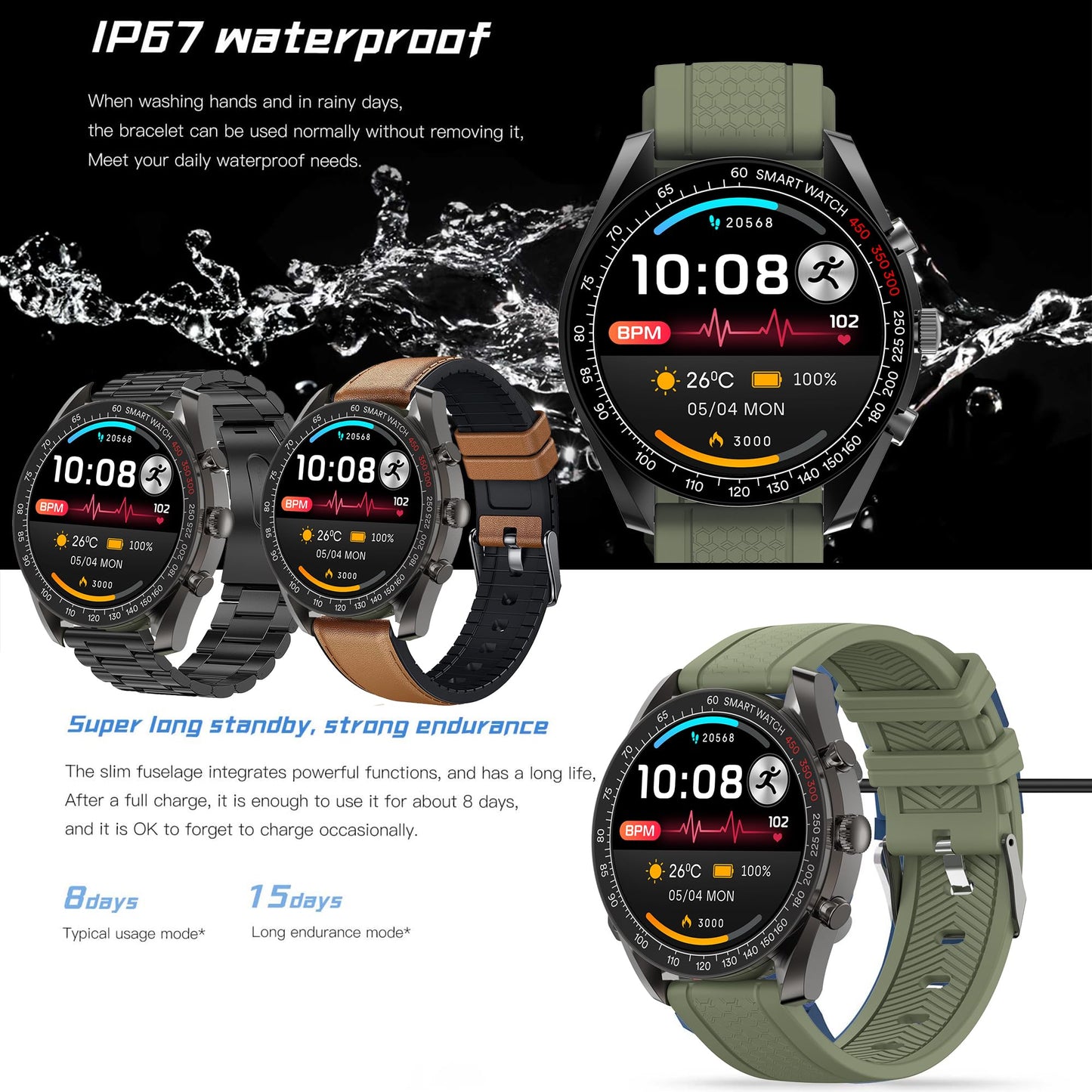 Men's smartwatch with phone function, 1.39" DIY HD full touchscreen watch fitness tracker 123 sports modes activity tracker IP68 wristwatch with sleep monitor pedometer for Android iOS (Black)