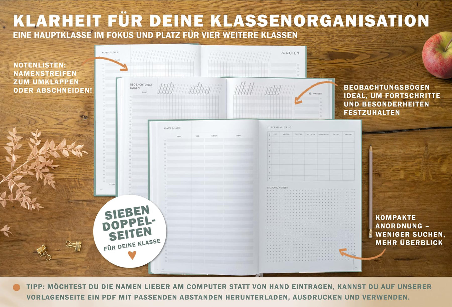One of the Good Teacher Planners 2025 2026, A4 Elementary School Planner, 1 double page per week, Hardcover School Planner for the 25/26 school year, Mint White with Flowers, FSC Paper