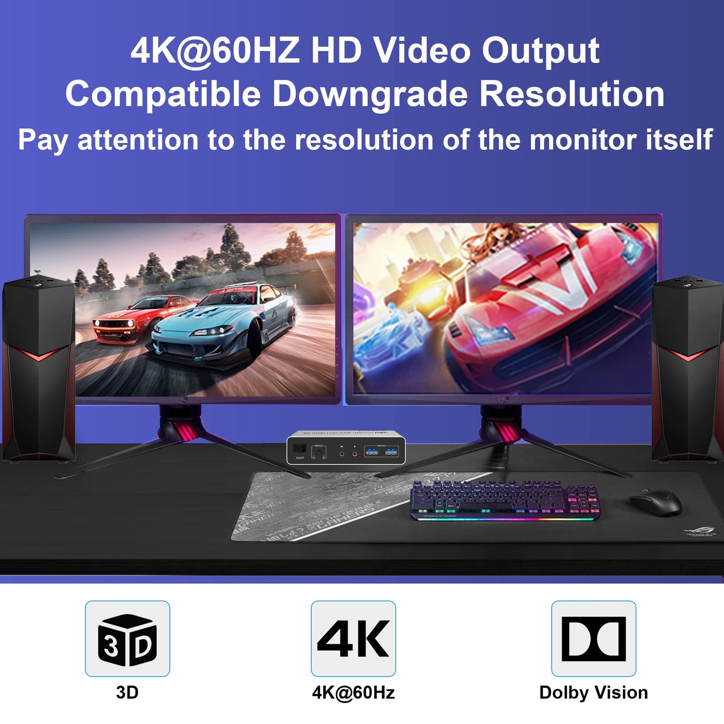 DisplayPort KVM Switch USB 3.0 Dual Monitor 4K@60Hz Switcher for 2 PCs and 2 monitors, with 3 USB 3.0 ports. Supports desktop control and peripherals like mouse, keyboard, U-Disk, and printer.