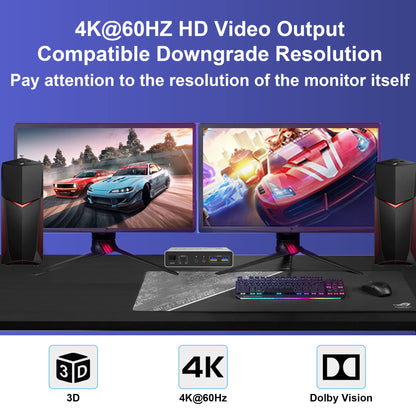DisplayPort KVM Switch USB 3.0 Dual Monitor 4K@60Hz Switcher for 2 PCs and 2 monitors, with 3 USB 3.0 ports. Supports desktop control and peripherals like mouse, keyboard, U-Disk, and printer.