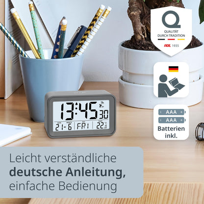 ADE Digital Alarm Clock with Light | Clock with temperature and calendar display | compact travel alarm clock | pretty matte gray case | with battery