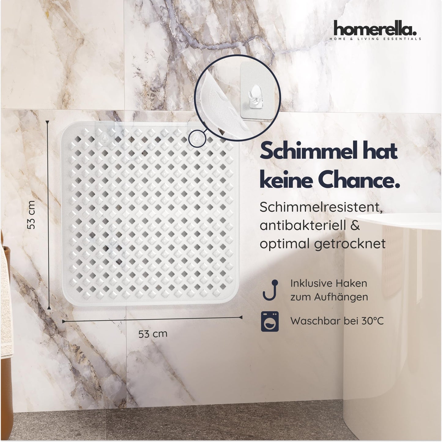 homerella© Non-Slip Shower Mat 53x53cm, INCLUDES HOOK, Anti-Slip Shower Mat, mold-resistant & washable, Shower Tray Insert, Shower Mat, Shower Mat, Non-Slip Bath Mat