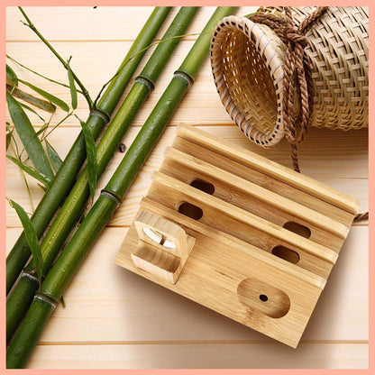 SETROVIC Bamboo Charging Station Docking Holder, Desktop Organizer for multiple device docks. Compatible with accessories for phone/tablet/Apple Watch/AirPods.