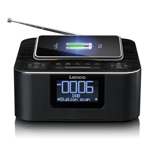 Lenco CR-650 DAB+ clock radio - alarm clock with DAB+ and FM - 20 station presets - snooze function - 2 x 2 watts RMS - LCD display - USB and QI charger - black
