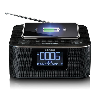 Lenco CR-650 DAB+ clock radio - alarm clock with DAB+ and FM - 20 station presets - snooze function - 2 x 2 watts RMS - LCD display - USB and QI charger - black