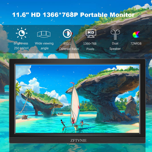 ZFTVNIE 11.6" Portable Monitor 1366*768P HD External Monitor portable screen for Laptop/PCs/PS4/PS5/Switch, with built-in stand/speaker/HDMI/Type-C connection.