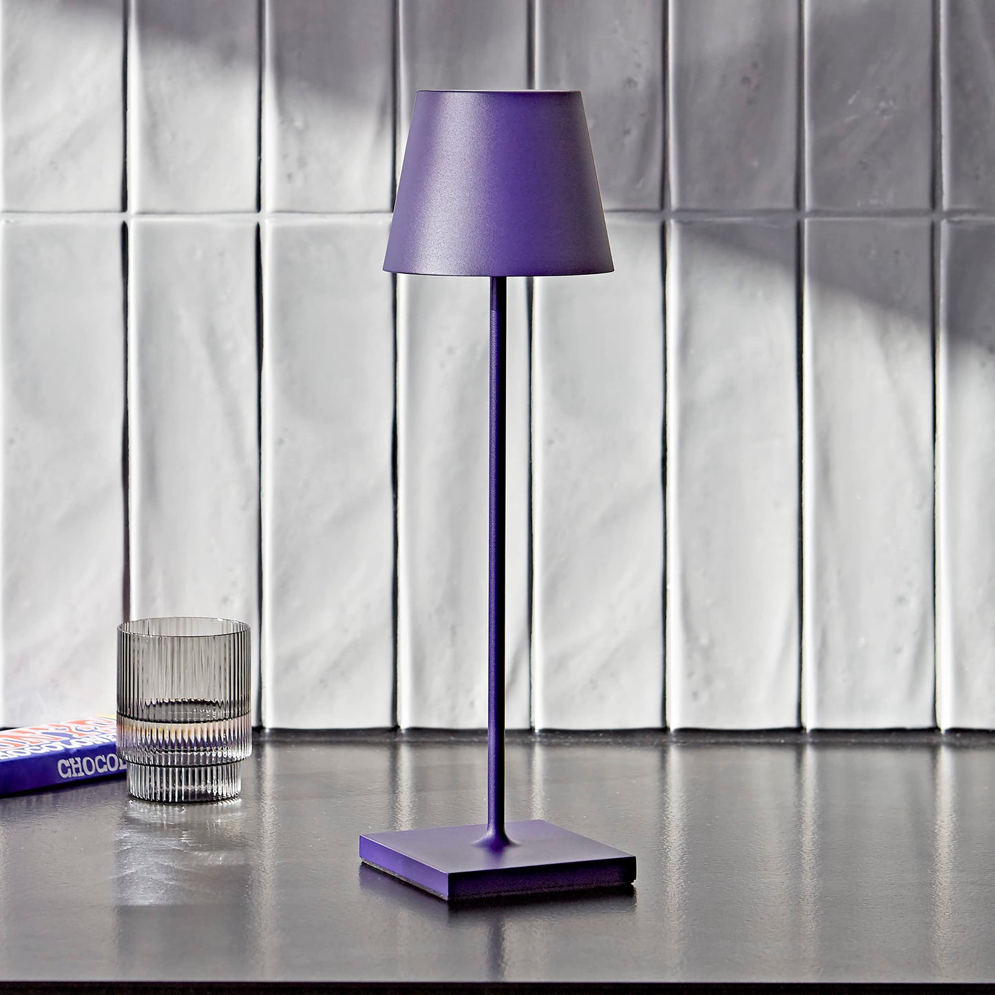 SIGOR Nuindie - Dimmable LED battery-powered table lamp for indoor & outdoor use, IP54 splash-proof, 38 cm in height, rechargeable with Easy Connect, 12 h runtime, plum blue