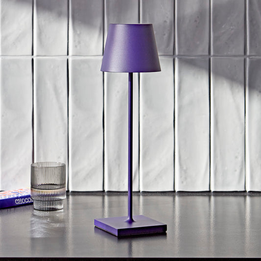 SIGOR Nuindie - Dimmable LED battery-powered table lamp for indoor & outdoor use, IP54 splash-proof, 38 cm in height, rechargeable with Easy Connect, 12 h runtime, plum blue
