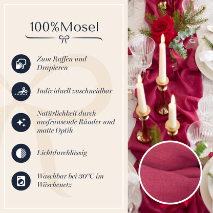 100% Mosel Muslin decorative fabric, in Bordeaux Red (48 cm x 5 m), 66 g/m², very thin table runner, Elegant table decoration for wedding & Christmas, Table ribbon as decoration for special occasions.