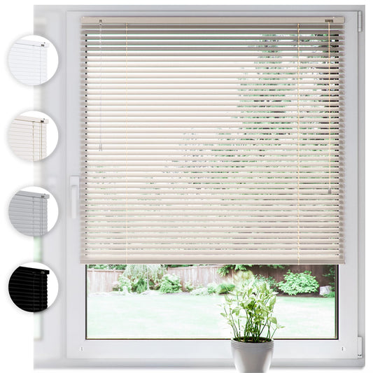 SONELLO Aluminum Venetian Blind 125cm x 220cm Cream, Alu blind with clamp fixing, no drilling needed. Provides privacy, glare protection, light control, and sun protection for windows and doors.