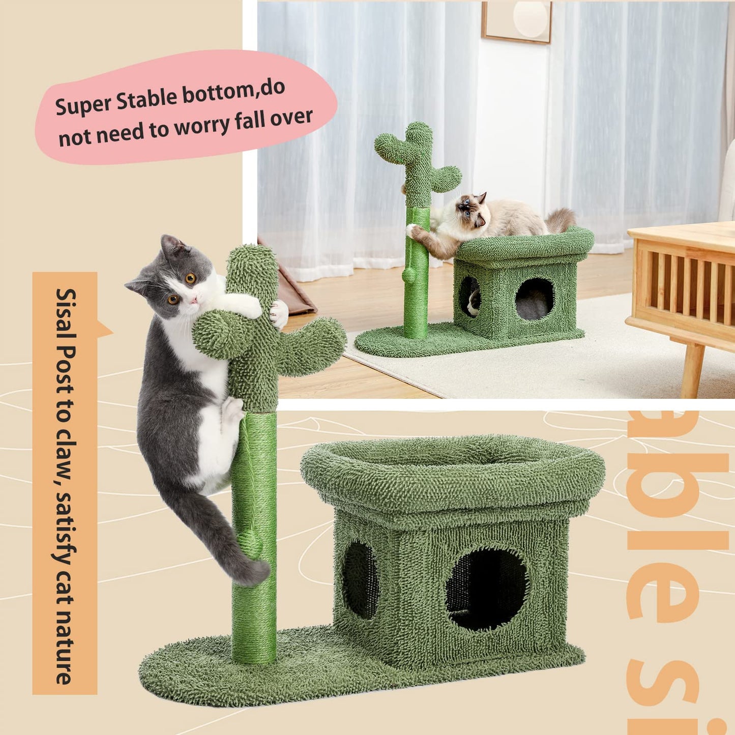 PAWZ Road Cactus Scratching Post, creative scratching post, stylish cat tree, with ball and cat house, height: 70 cm.