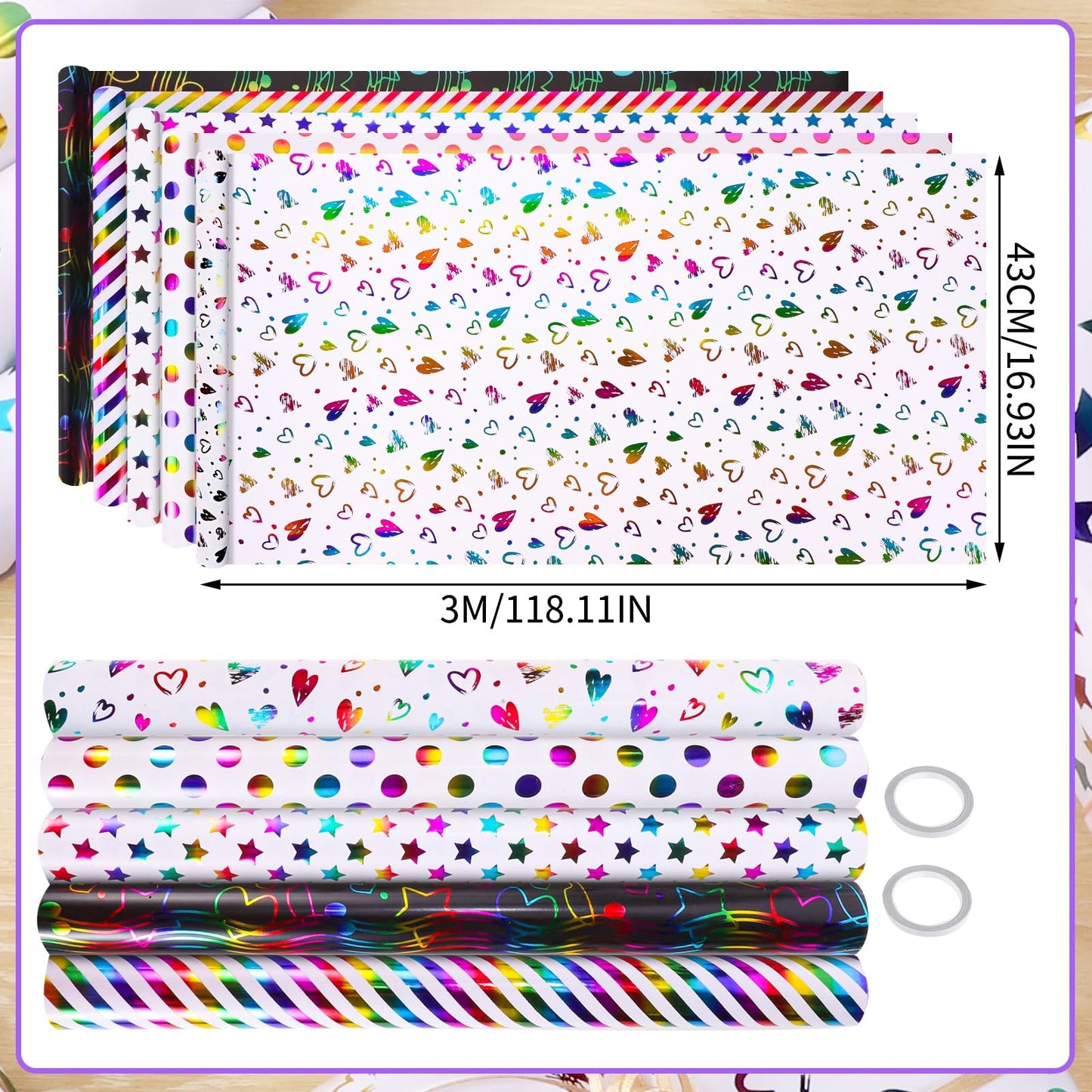 woric 5 Rolls Gift Wrap Birthday, 43cm x 3m Gift Wrapping Roll Colorful Gift Wrap Roll Set for Kids' Birthday Wedding Baby Shower (Multicolor)