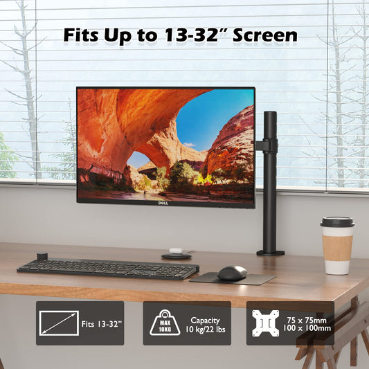 BONTEC 13-32 inch monitor mount for LED LCD screens up to 10 kg, monitor desk mount 1 monitor height adjustable tilt swivel, 2 mounting options, VESA 75x75/100x100, black