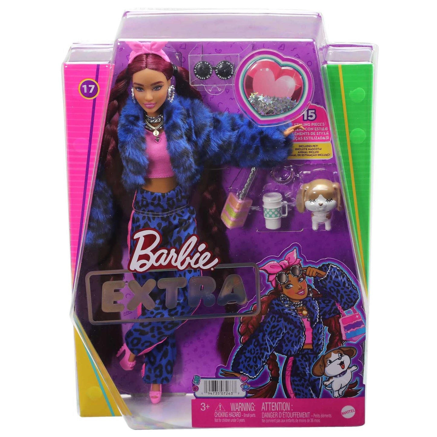 Barbie HHN09 - Extra doll in leopard print pants and fur jacket, with pet puppy, extra long hair and accessories, Flexible joints, Doll toy for children aged 3 and up, Multicolor
