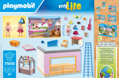 PLAYMOBIL MyLife 71610 Kids' Room, includes a girl figure and a sticker sheet, made from over 80% recycled and bio-based materials, diverse toys for children aged 4 and up.