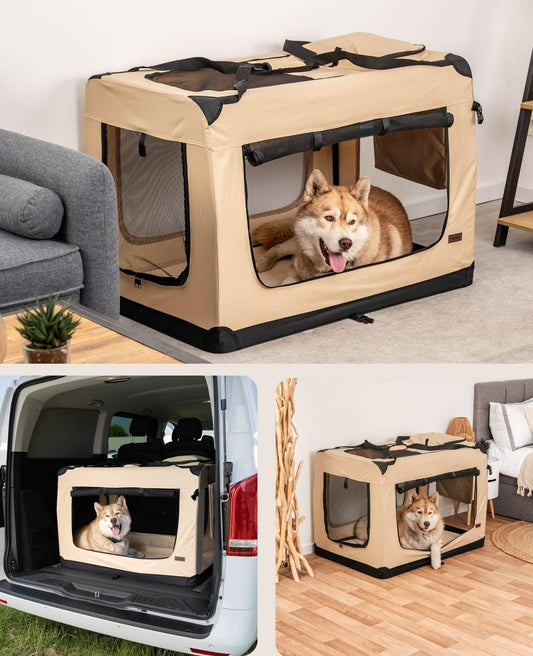 lionto Dog transport box foldable for travel & car, 101x69x70 cm, stable transport box with handles & blanket for cats & dogs up to 25 kg, sturdy fabric dog crate for small & large dogs, beige