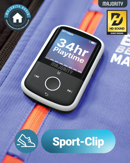 MP3 Player Bluetooth | 16GB internal storage, expandable up to 128GB | MP3 player with clip | USB-C | 34 hours battery life | Music player | MAJORITY MP3-GO