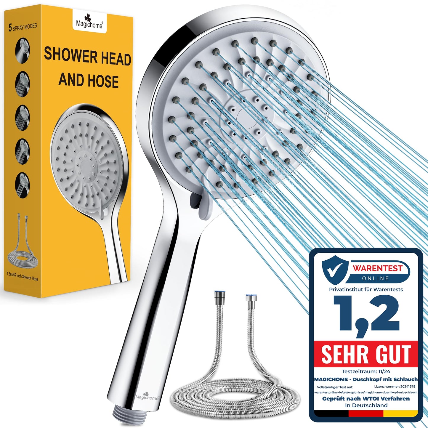 Magichome shower head with hose 59" high pressure shower head 5 spray settings handheld shower head water saving large water-saving shower head