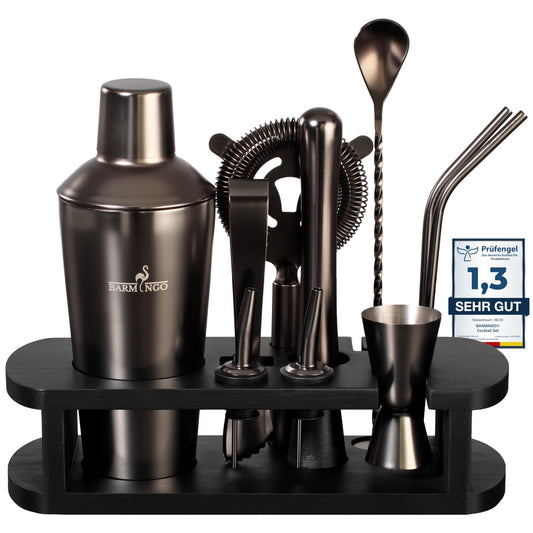 BARMINGO® Stainless Steel Cocktail Set 11 pieces - 700 ml Cocktail Shaker Set with stand and bar accessories, cocktail shaker set | Bartender Set | Cocktail Mix Set | Bar Set | Gift Set | Black