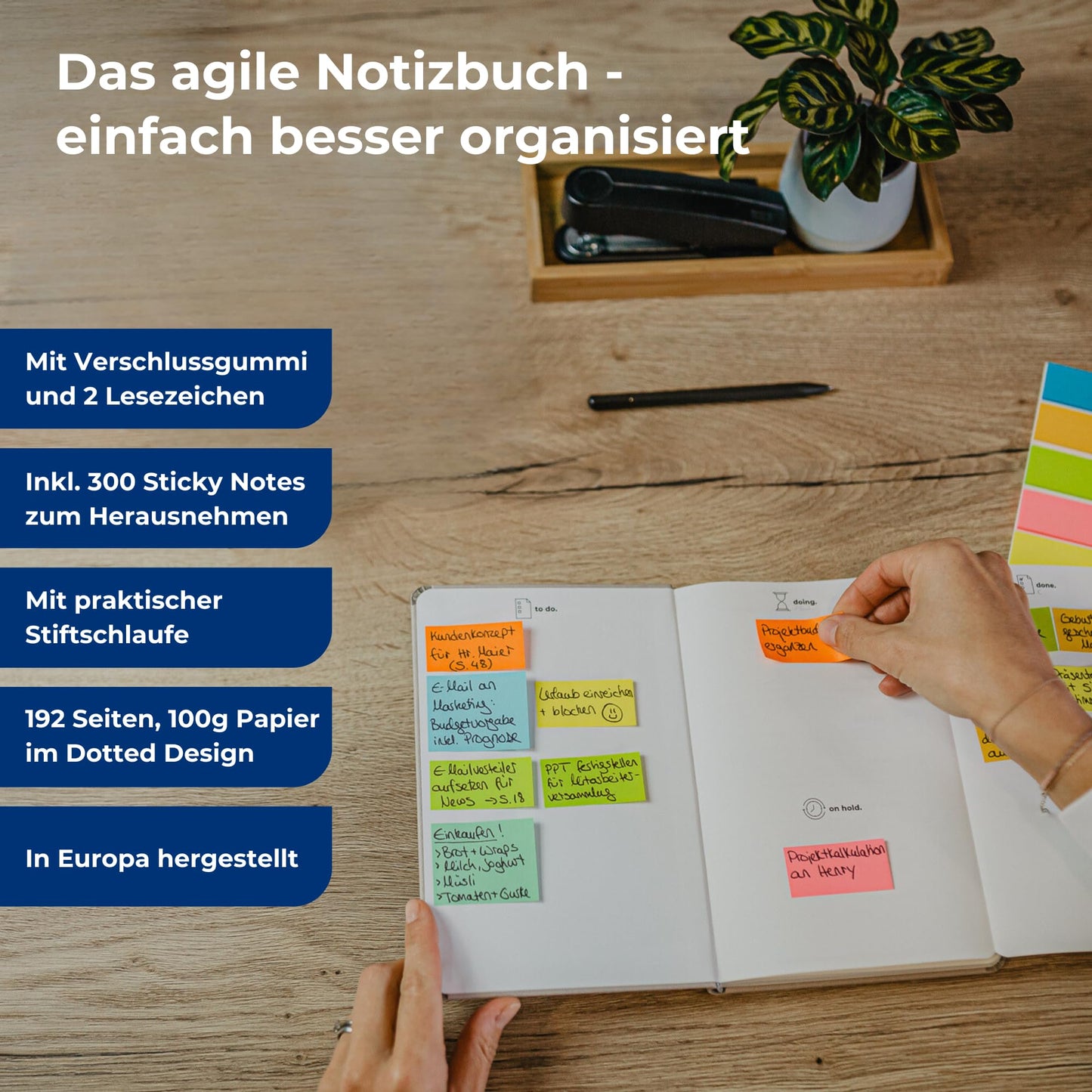 Notepad - The agile notebook A5 | With integrated Kanban Board | incl. 300 sticky notes | More clarity + focus | To do notebook | 192 numbered pages | vegan Hardcover (Gray/Blue)
