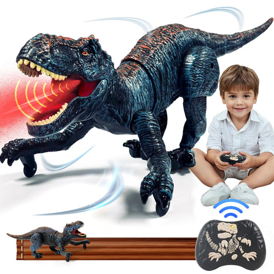 Sunrad Kids Remote Control Dinosaur Toy, Electronic T-Rex Dino Toy with Spray, Light, Roaring, Realistic Walking Movements, Gift for Boys and Girls.