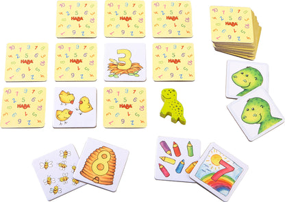 HABA 304508 Touchy Feely, sensory game for children aged 3 and up, wooden pieces playfully develop fine motor skills & 4928 - Number Dino, dinosaur-themed numbers and memory game for 1-4 children aged 3-8.