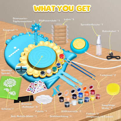 IEEILULU pottery set for kids, electric pottery wheel for kids, mini pottery wheel with clay, colors, diamond stickers, pottery set DIY pottery craft kit gifts for girls (dinosaur)