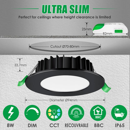 ALUSSO LED Recessed Spotlight Black 230V Dimmable 8W IP65 LED Flat Warm White Neutral White Cool White Recessed Ceiling Spots Recessed Spotlights Ceiling Lights for Bathroom Kitchen, Set of 6