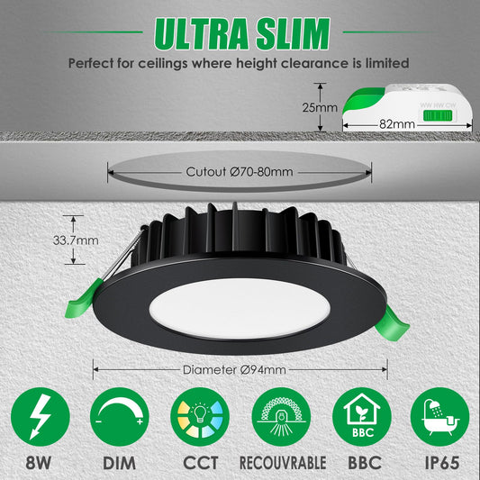 ALUSSO LED Recessed Spotlight Black 230V Dimmable 8W IP65 LED Flat Warm White Neutral White Cool White Recessed Ceiling Spots Recessed Spotlights Ceiling Lights for Bathroom Kitchen, Set of 6