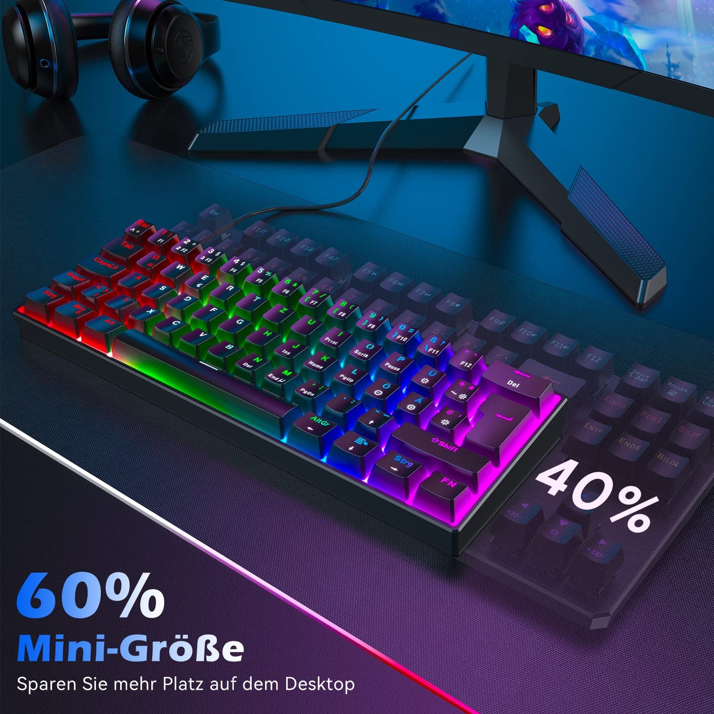 TECURS Mechanical Gaming Keyboard, Mechanical Keyboard 60 Percent QWERTZ Red Switches for PC Gamers and Work, 61 Keys Wired Keyboard for PC Windows/PS5/PS4, Black