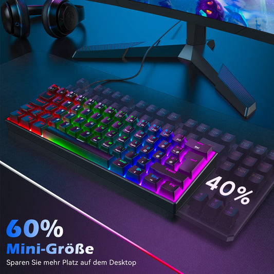 TECURS Mechanical Gaming Keyboard, Mechanical Keyboard 60 Percent QWERTZ Red Switches for PC Gamers and Work, 61 Keys Wired Keyboard for PC Windows/PS5/PS4, Black