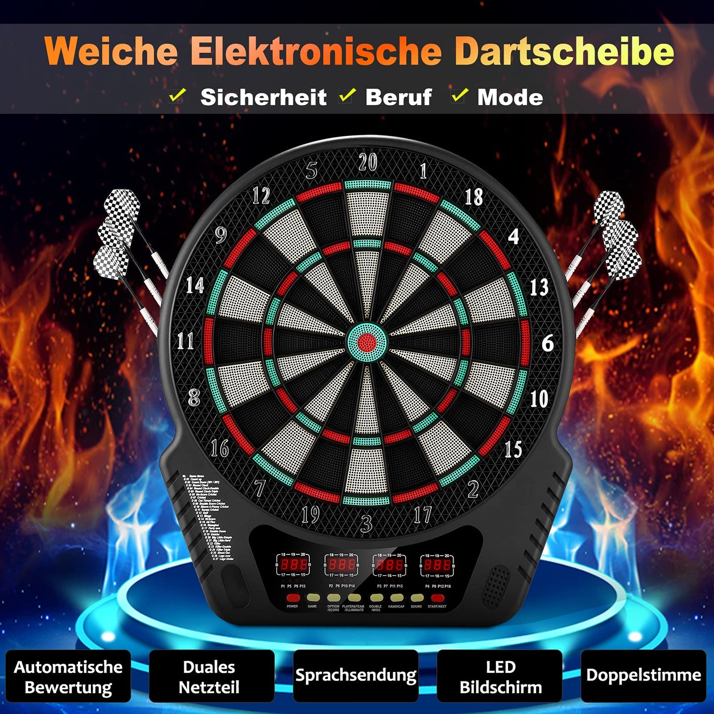 Electronic dartboard, E-Dart board with 4 LCD displays and charging adapter. Suitable for 6 darts and 24 dart heads. 27 games with 243 game options. Professional electronic dart game.