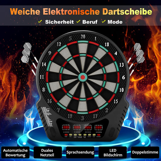 Electronic dartboard, E-Dart board with 4 LCD displays and charging adapter. Suitable for 6 darts and 24 dart heads. 27 games with 243 game options. Professional electronic dart game.