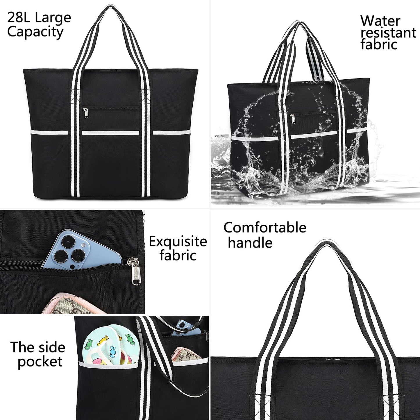LEDAOU Large Beach Bag Women Shoulder Bag Handbag Waterproof Sandproof Zipper Pool Picnic Gym Travel Bag (B-Black)