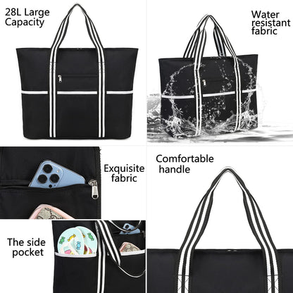 LEDAOU Large Beach Bag Women Shoulder Bag Handbag Waterproof Sandproof Zipper Pool Picnic Gym Travel Bag (B-Black)