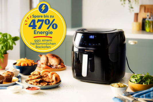 Russell Hobbs XXL 8L Rapid AirFryer with compact design, 7 cooking functions, 10 programs. SatisFry technology is dishwasher safe, reaches up to 220°C, and allows for oil-free frying, grilling, baking, and roasting. Item number: 27170-56.