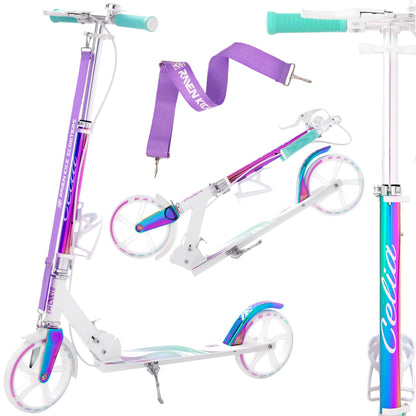 Raven Scooter Kick Scooter for Kids Adults | foldable | adjustable height | carrying strap | bell | bottle holder (Celia White with handbrake, 200mm)