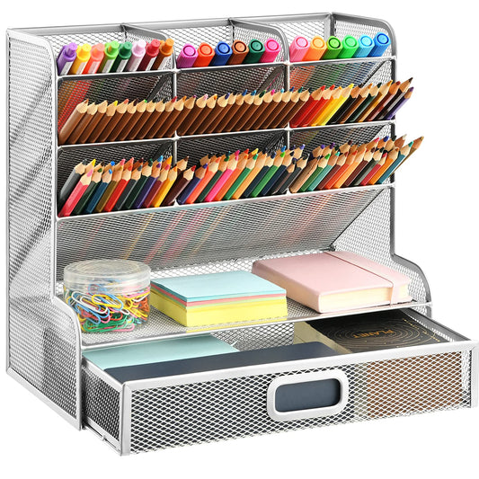 Marbrasse Mesh Desk Organizer, Multifunctional Pencil Holder, Desk Organizer, Storage Shelf for School and Home Office Supplies (Silver with Drawer)
