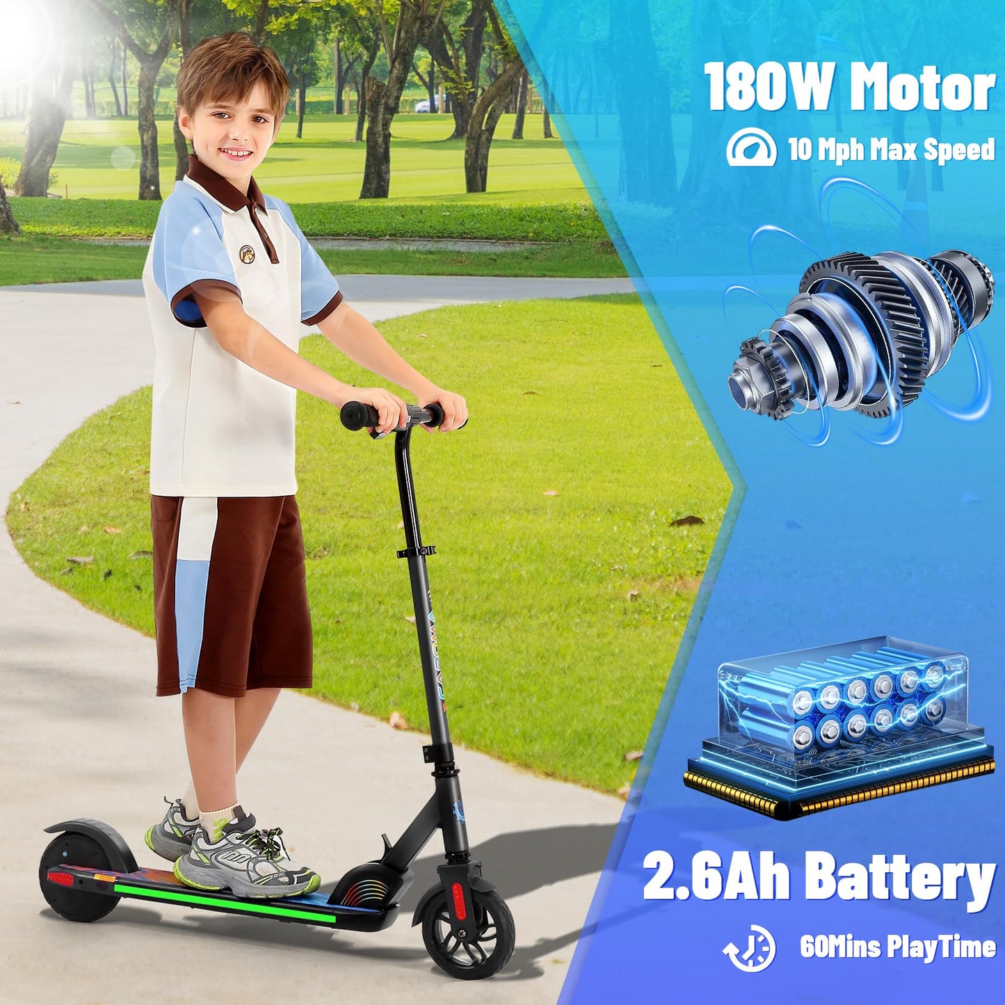 Caroma E-Scooter for kids aged 6-14, 180W motor, 16 km/h, 80 mins ride time, adjustable speed and height, colorful lights, LED display, foldable kids electric scooter