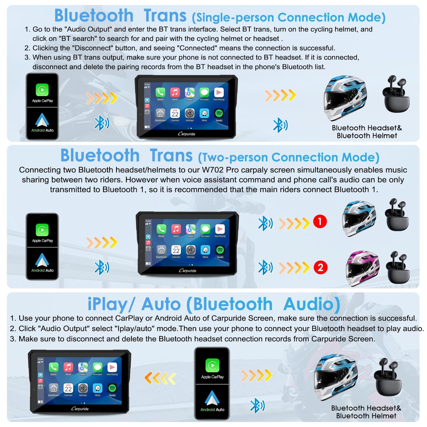 The Carpuride W702 Pro motorbike Carplay screen features intercom function, wireless CarPlay and Android Auto, portable waterproof 7-inch touchscreen, improved dual Bluetooth, navigation, compass.
