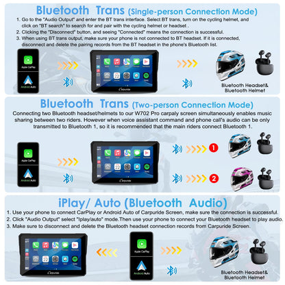 The Carpuride W702 Pro motorbike Carplay screen features intercom function, wireless CarPlay and Android Auto, portable waterproof 7-inch touchscreen, improved dual Bluetooth, navigation, compass.