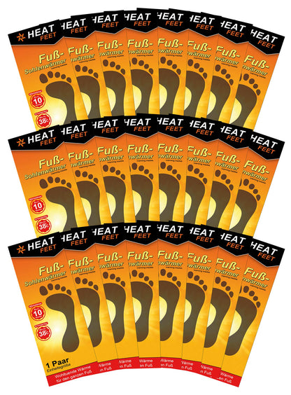 24 pairs of HEAT FEET thermal insoles, foot warmers, heated soles, warm inserts for cold feet during winter sports, outdoor activities, and Christmas markets.