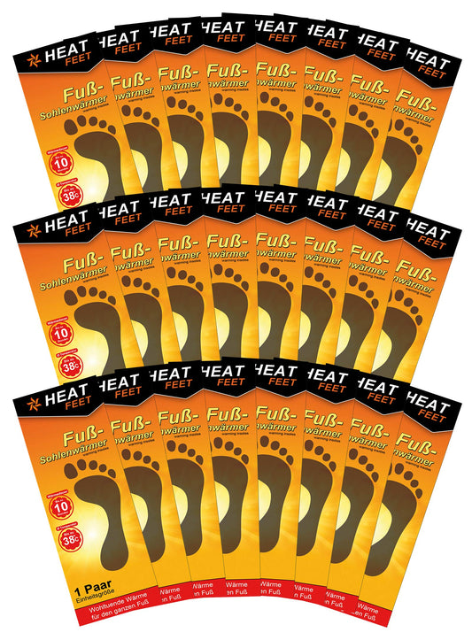 24 pairs of HEAT FEET thermal insoles, foot warmers, heated soles, warm inserts for cold feet during winter sports, outdoor activities, and Christmas markets.