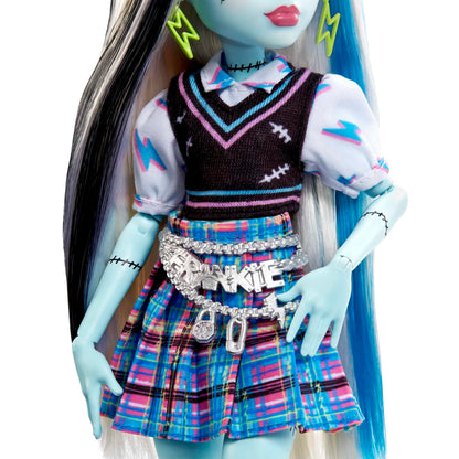Monster High Frankie Doll, Electrifying Fashion, Voltageous College Jacket, creepy accessories, flexible body, for kids ages 4+, HHK53