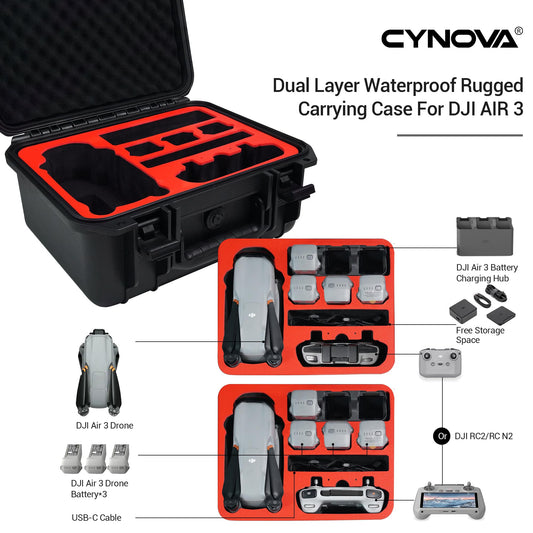 CYNOVA case for DJI AIR 3 Drone, DJI Air3 waterproof hard shell case with secure carrying bag for DJI Air 3 Fly More Combo Drone accessories, compatible with DJI RC 2/RC-N2 remote control.