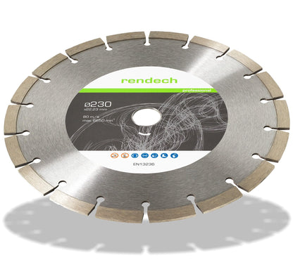 2x Professional Diamond Disc 230mm for stone, concrete, granite, bricks, and more. Diamond cutting disc with high cutting performance | rendech® brand quality.
