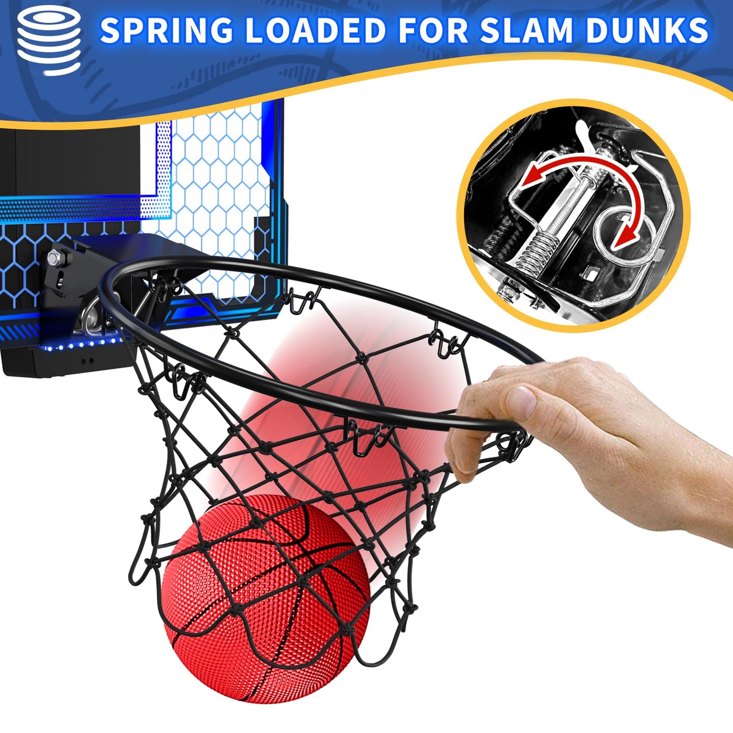 HYES Mini basketball hoop with 7 lighting for kids, electronic scoreboard, 3 balls, pump, indoor outdoor basketball hoop sports toy for kids, blue.