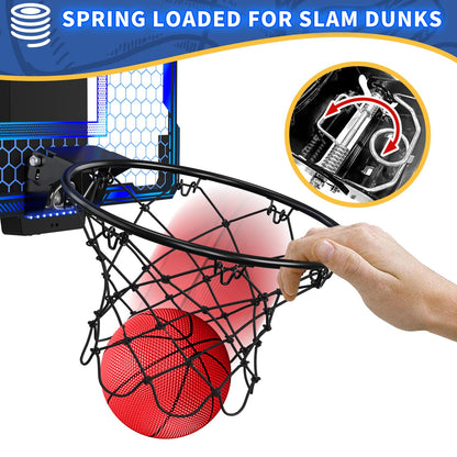 HYES Mini basketball hoop with 7 lighting for kids, electronic scoreboard, 3 balls, pump, indoor outdoor basketball hoop sports toy for kids, blue.